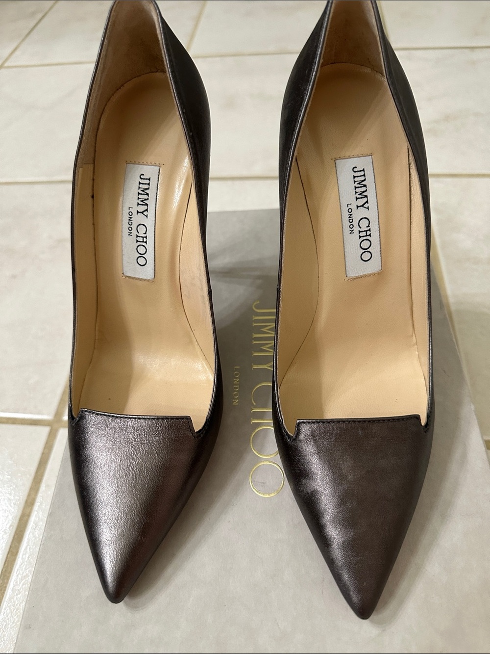 Jimmy Choo Metallic Charcoal Pointed Toe Pumps
